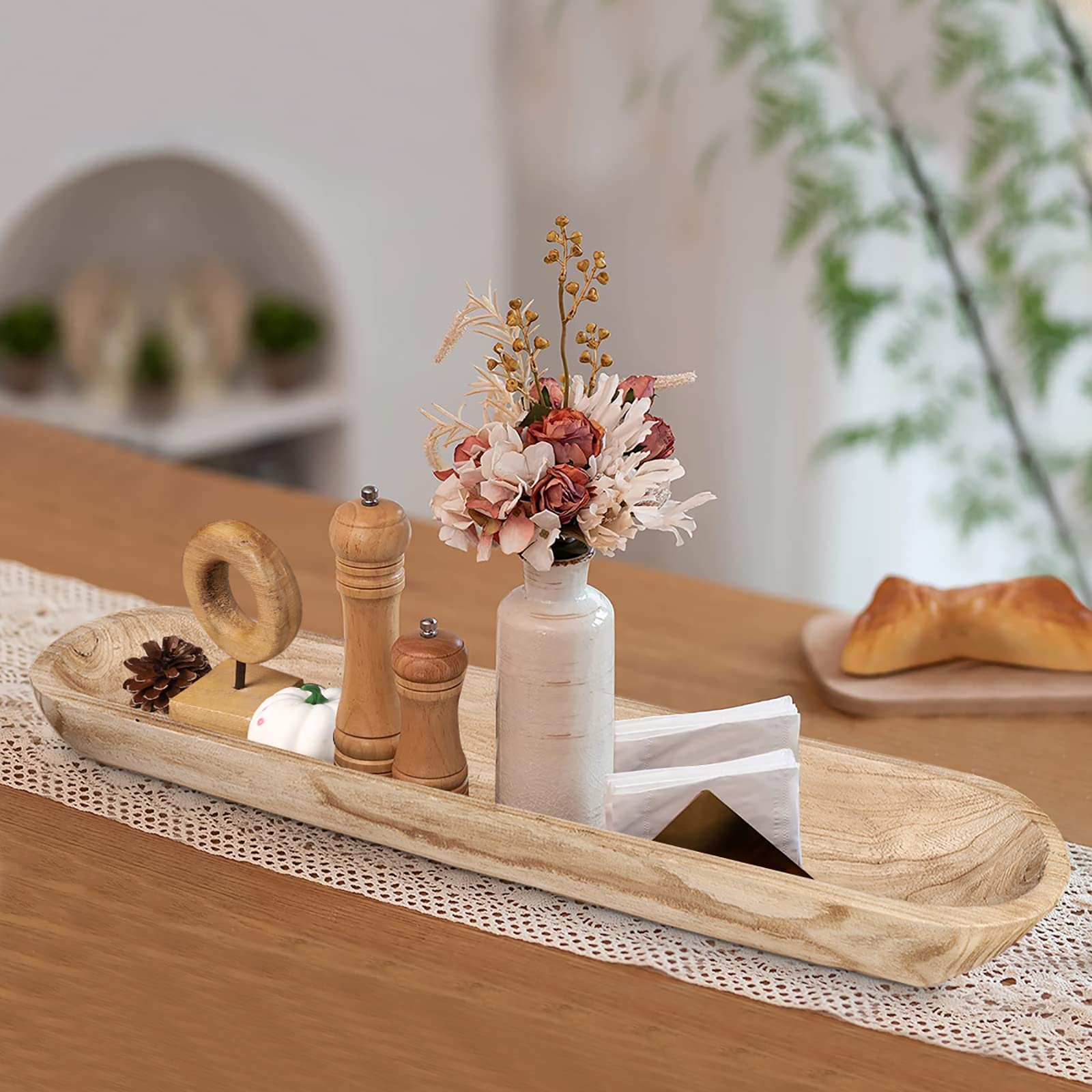 Athaliah Wooden Dough Bowl, 30 Inch Hand Carved Rustic Long Wood Dough Bowls for Decor, Vintage Large Wooden Bread Bowl for Table Centerpiece Dining Room Home Kitchen Decor Candles