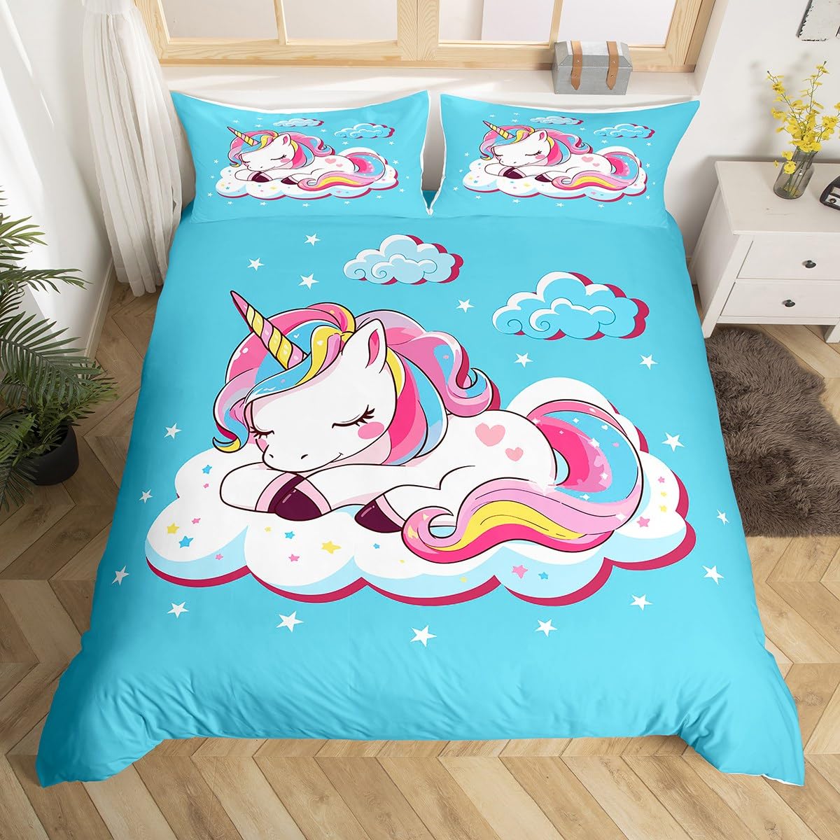 Loussiesd Unicorn Duvet Cover Girls Fairy Cartoon Unicorn Bedding Set Kids Cute Rainbow Comforter Cover Magical Animal Decor Bedding & Linen Kawaii Dreamy Horse Printed 3Pcs Zipper King Size — image 1
