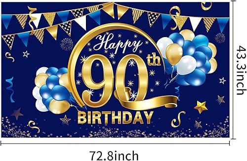 Miniatura 2 de Kauayurk Cartel de feliz cumpleaños 90 para hombres, decoración de fondo azul dorado 90, suministros de fiesta de fondo de fotos de un año,