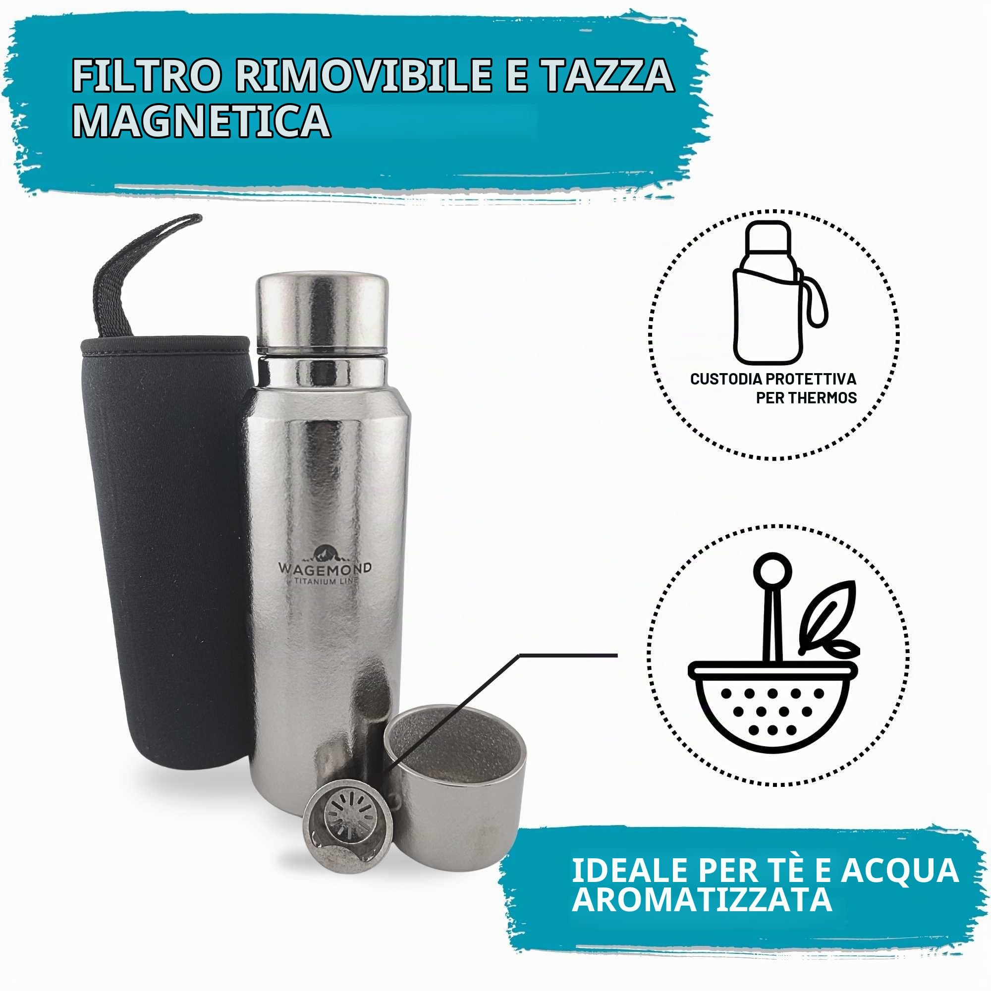 Thermos in titanio da 500 ml, ultra leggero e a doppia parete, isolato, 100% titanio, senza BPA, con tazza magnetica, colino da tè, custodia protettiva e spazzola per la pulizia, all'aperto