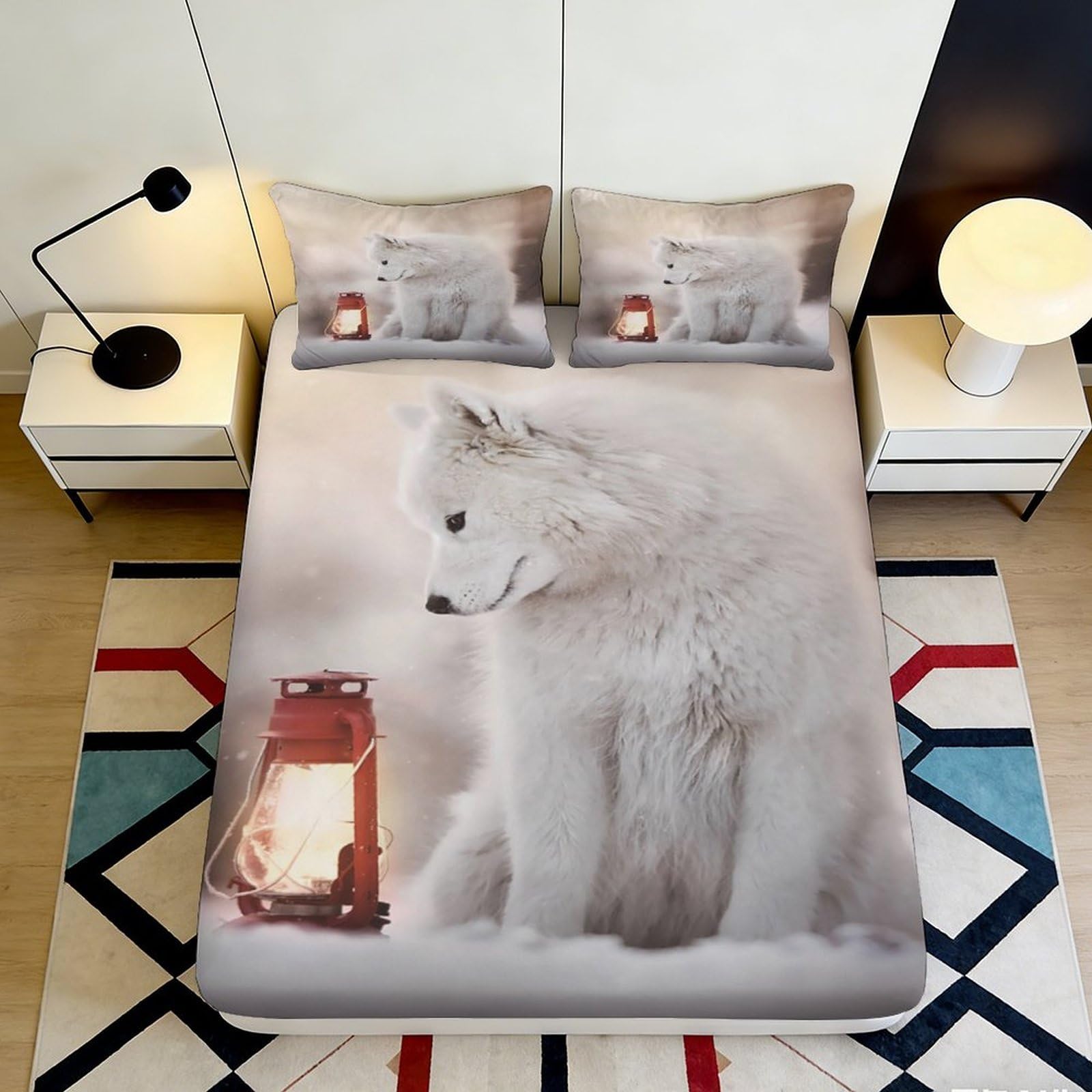 3D Printed Arctic Wolf Fitted Sheet Microfiber Deep Pocket Non-Slip Bedroom Bedding Arctic Wolf Mattress Fitted Cover Washable 120x200x25cm