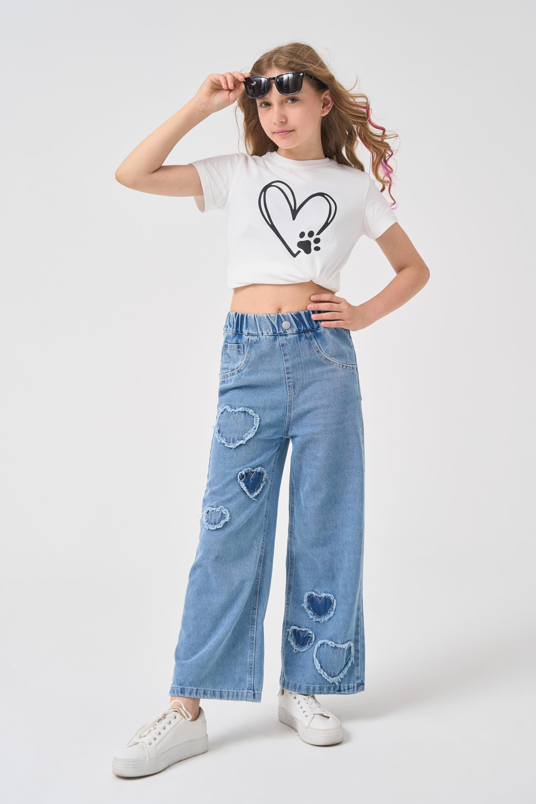 AOWKULAE Pantalones de mezclilla para niñas de 4 a 14 años con cintura elástica y pierna ancha