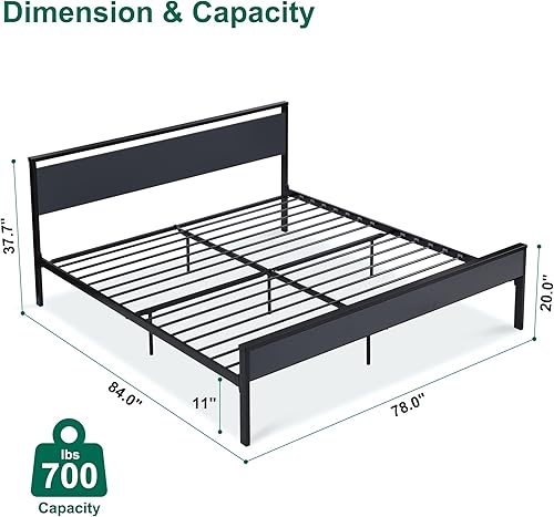 Miniatura 2 de RHIZOME Base de cama King con cabecero base de cama de plataforma metálica con soporte de listones de metal sólido y fácil montaje no necesita somier