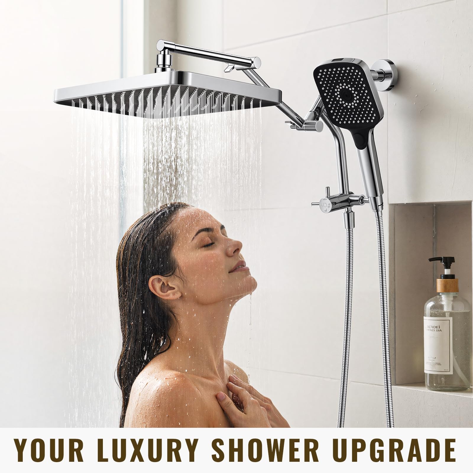 Cabezales de ducha de 13 pulgadas con pulverizador de mano multifunción, desviador extendido de metal de 3 vías con soporte y brazo de extensión de ducha ajustable de metal, manguera extra