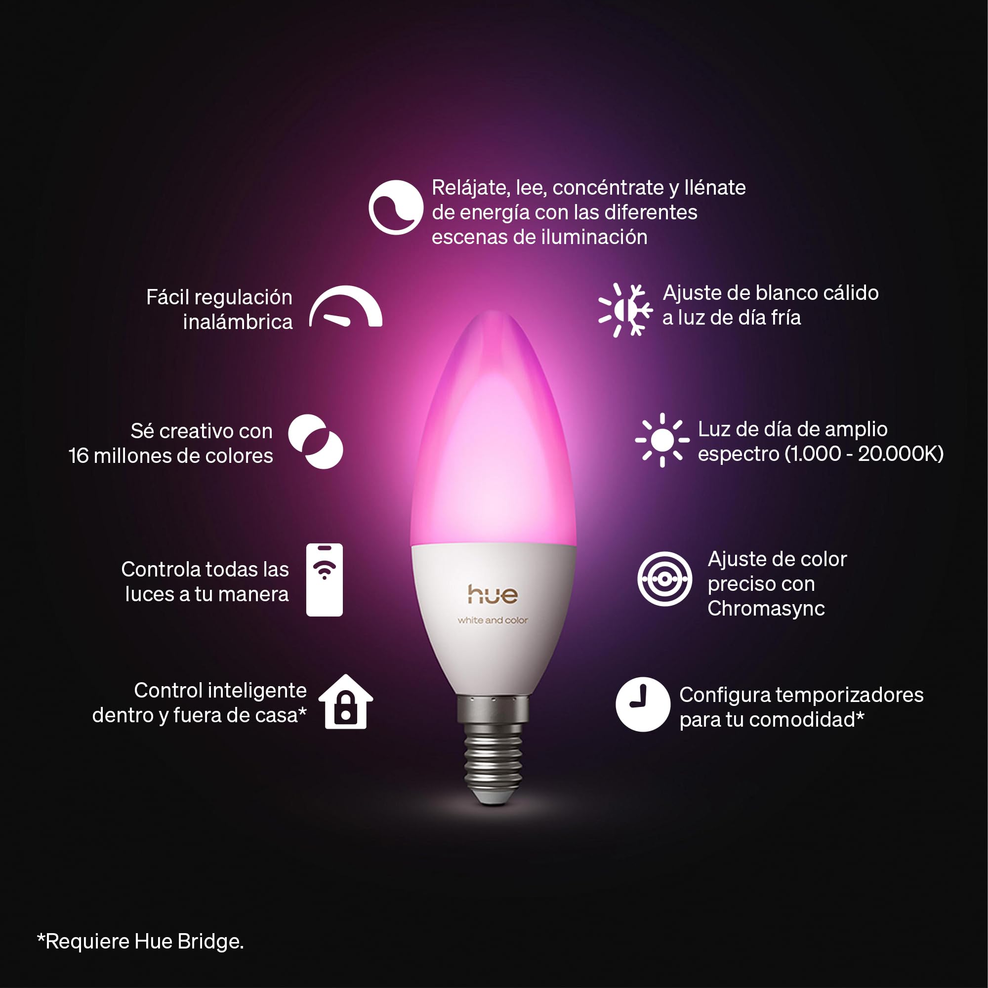 Philips Hue Smart Bombilla E14 Vela LED, B39, 3 Ud, White and Color Ambiance, Luz de Espectro Completo 1000 K-20000 K, 500 lm, Regulación Ultrabaja, Chromasync, Alexa, Google Home, Apple Home