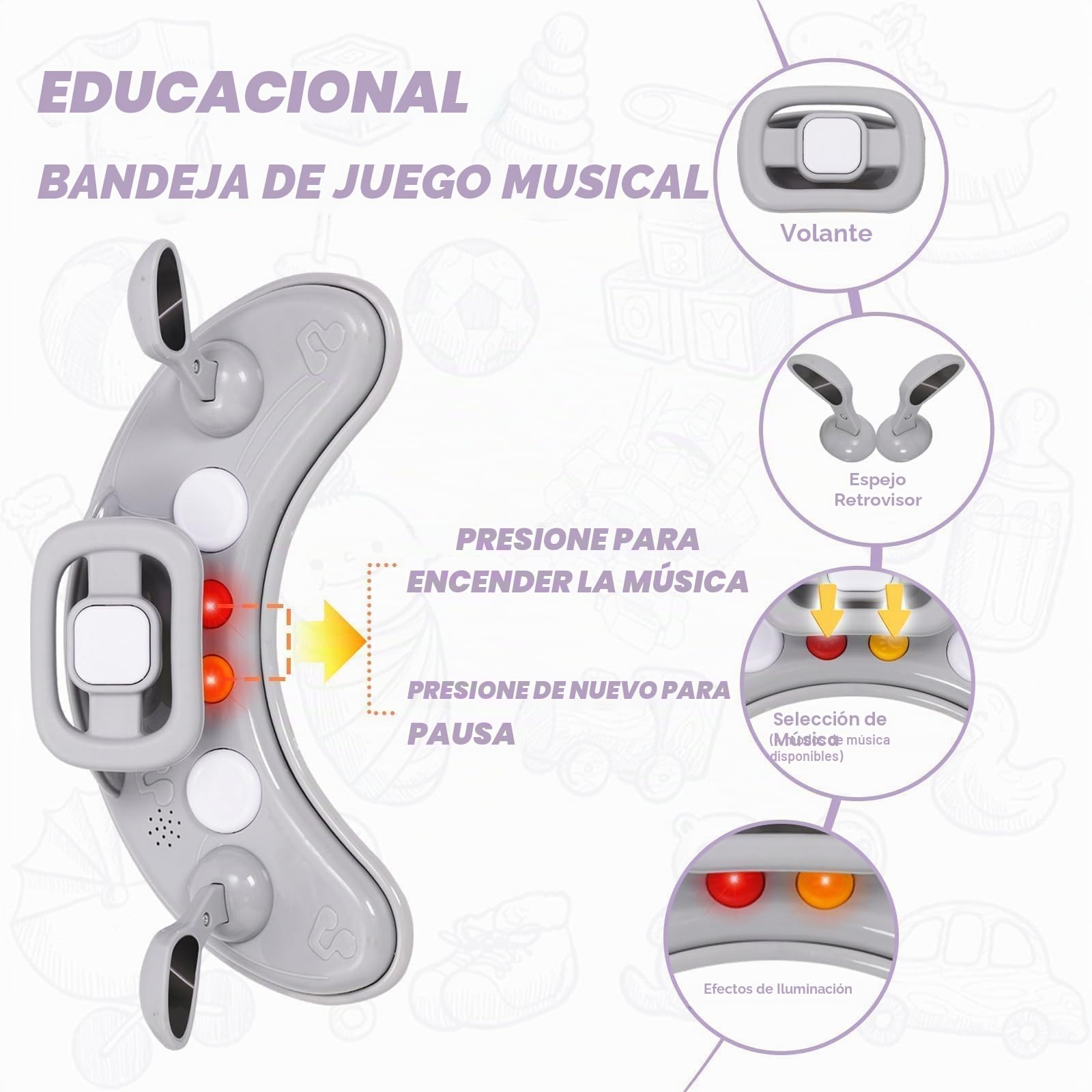 Tacata Bebes con Volante,Juego,Alfombrilla, Chasis Redondo Antideslizante de 6 Ruedas,Plegable Y con 3 Alturas Ajustables,Asiento con 4 Posiciones Ajustables,Andador Para Bebés a Partir de 0+