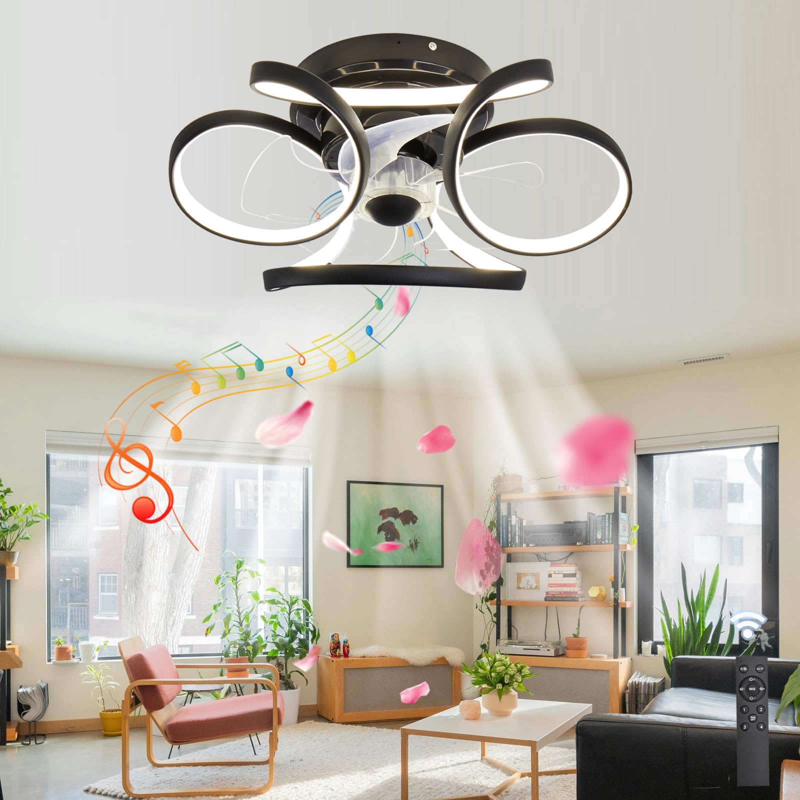 HXYSXHJUO Ceiling Fans with Lights Remote, Bluetooth Speaker, Reversible Fan Lamp, Dimmable LED Light Ceiling, Suitable for Bedroom Living Room-Black-Bluetooth