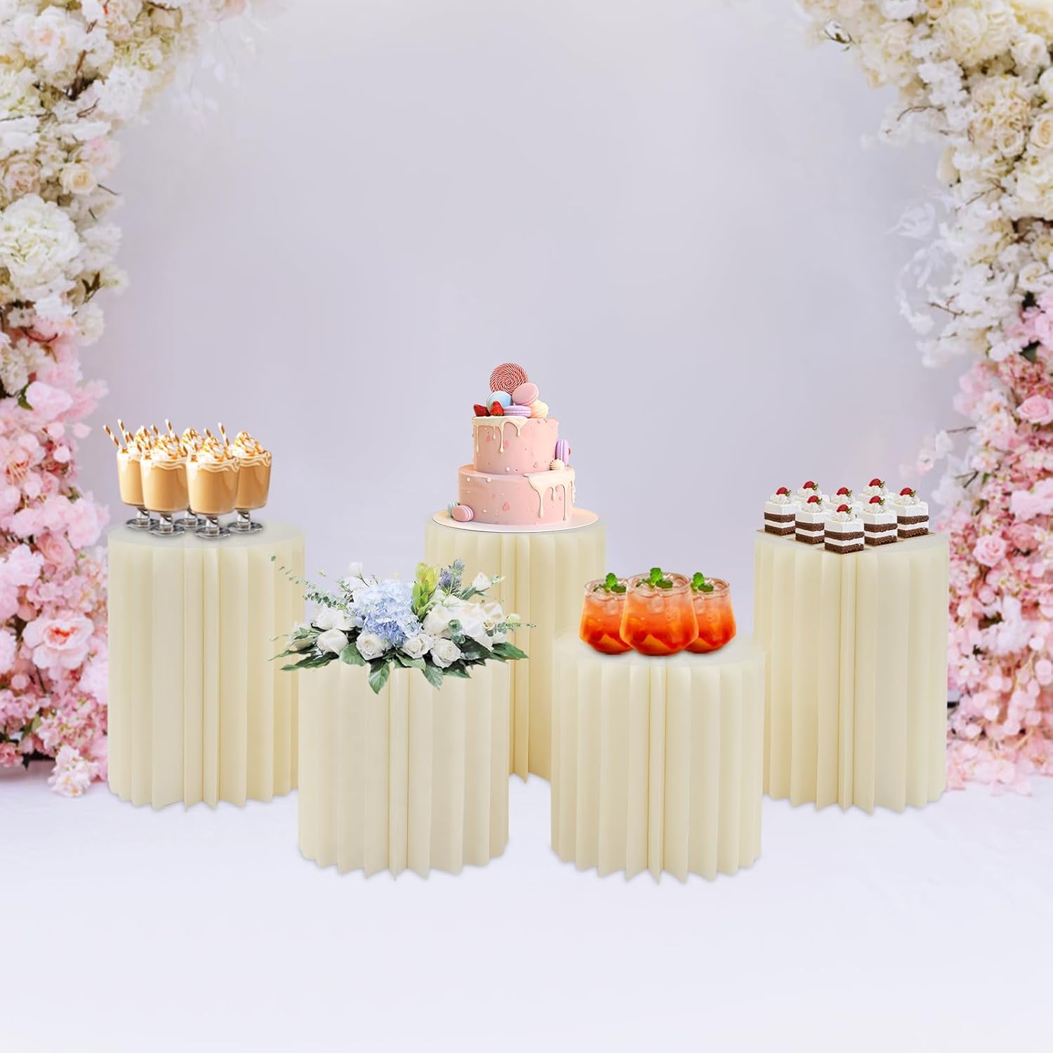 5Pcs Buffet Risers, White Food Risers for Table, Foldable Cake Display Stands, Tall Cardboard Cupcakes Stand for Show Catering Desserts Jewelry Wedding Birthday Party Decoration