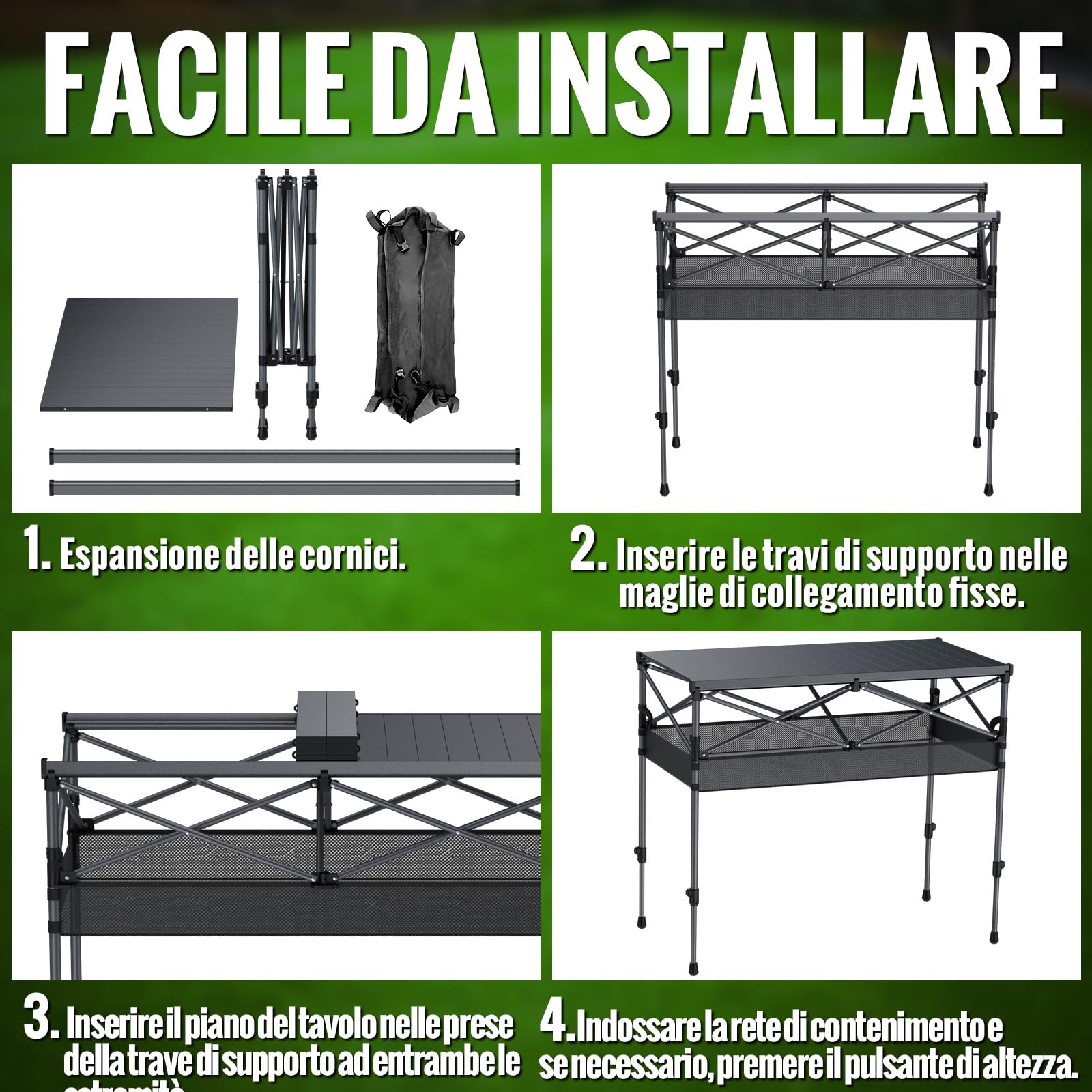 GARLLEN Tavolo da Campeggio Pieghevole,100x50 cm,2 Altezze Regolabili (70/87 cm),Piano del Tavolo Arrotolabile,con Rete di Stoccaggio e Borsa di Organizzazione,per Balcone Giardino Spiaggia