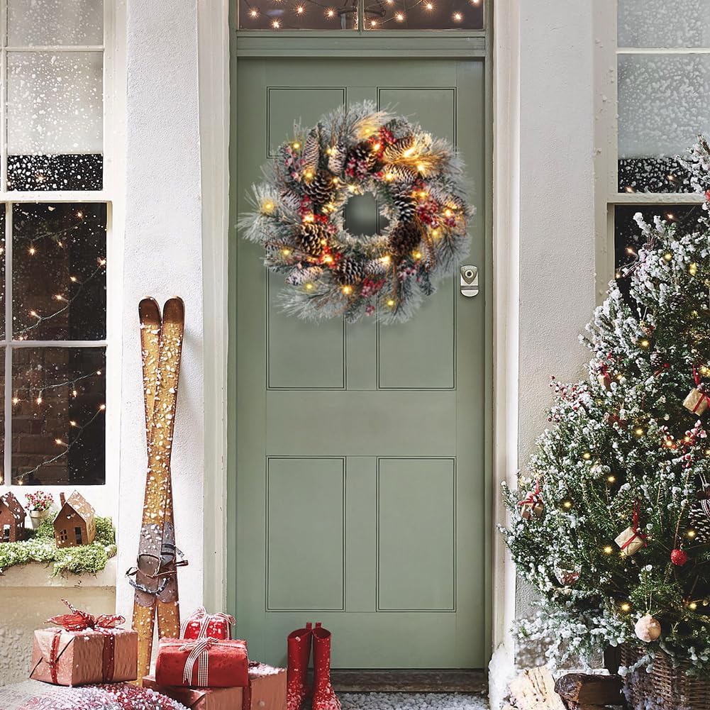 Christmas Wreath for Front Door 24" Large Xmas Wreath with Flocked Pinecone Red Berries Battery Operated 30 LED Lights for Christmas Outdoor Window Fireplaces Walls Home Decor