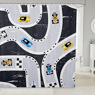 Manfei Construction Vehicle Rustic Style Shower Curtain with Hooks,Racing Car Track Extreme Sports Room Decor Bath Curtain,Road Traffic Bathroom Accessories Waterproof Panel,72x 84 Inches