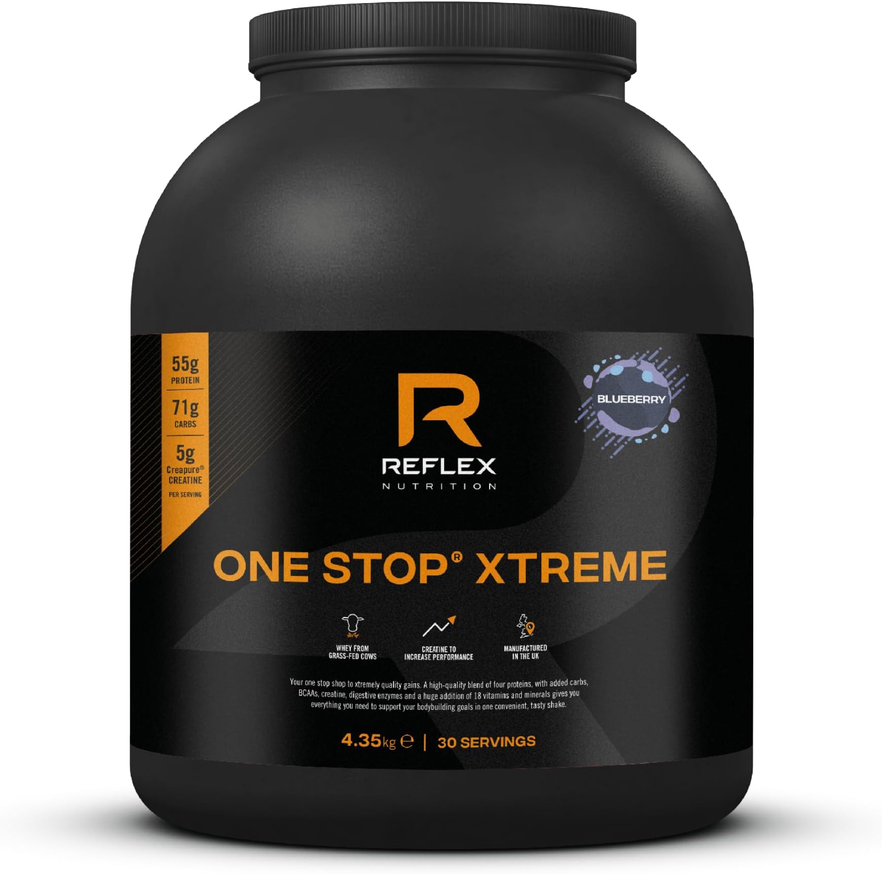 Reflex Nutrition One Stop® Xtreme - Serious Mass Gainer - All in One Protein Powder - 55g Protein, 10.3g BCAAs, 5,000mg Creatine - Muscle Building Protein Shake (Blueberry, 4.35kg)