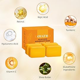 LOYATRO Kojic Acid Turmeric Soap Bar Dark Spots for Face & Body, Deep Cleansing, Gentle Soap Sensitive Skin Formula, All Skin Types 4Pack