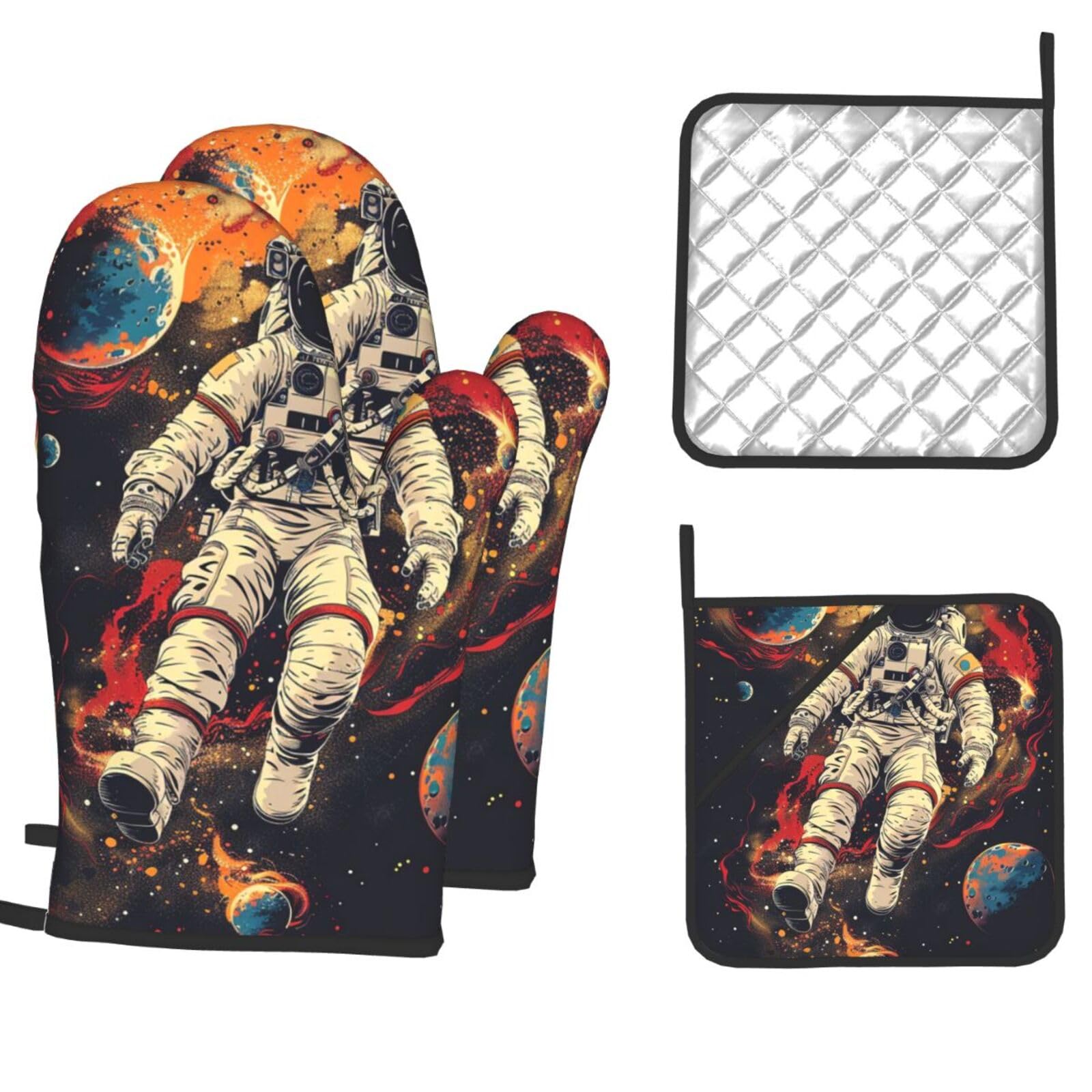 Oven Mitts and Pot Holders Sets of 4 Heat Resistant Kitchen Gloves Outer Space Rocket Astronaut Oven Mitts BBQ Gloves Oven Gloves and Hot Pads Non-Slip Potholders for Kitchen Baking Cooking