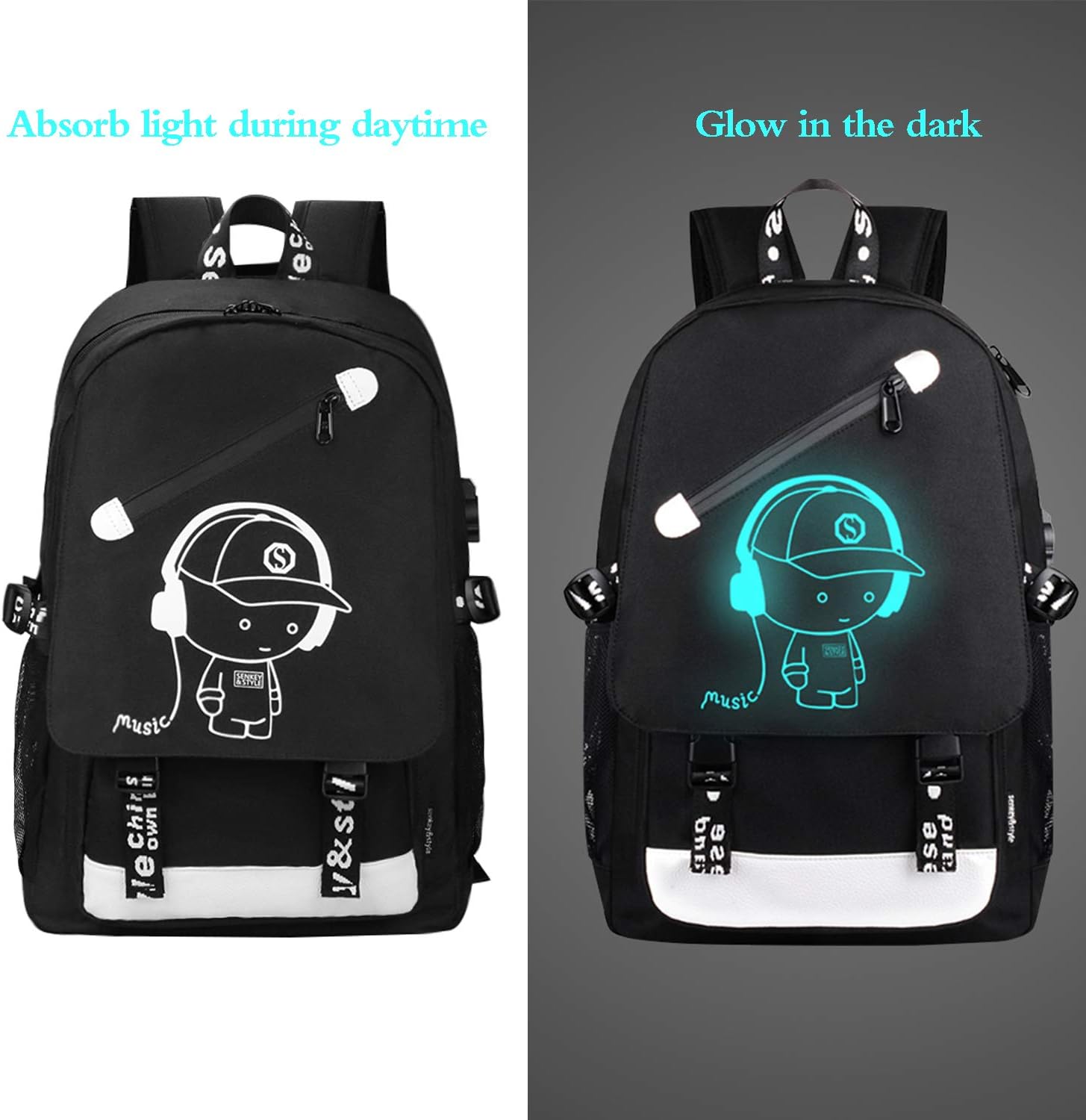 School Backpack for Boys, Cartoon Luminous Bookbag 15.6inch Laptop Bag with USB Charging Port - Music Black - Image 5