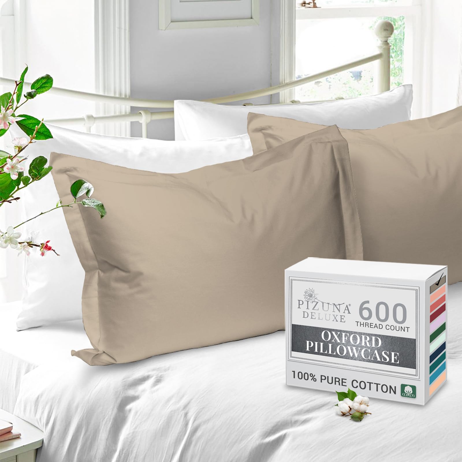 Pizuna Pure Cotton King Size Oxford Pillowcases 2 Pack Simply Taupe 50x90cm, 600 Thread Count Long Staple Combed Cotton Crispy Soft Pillow Cover, Sateen King Pillow Cases