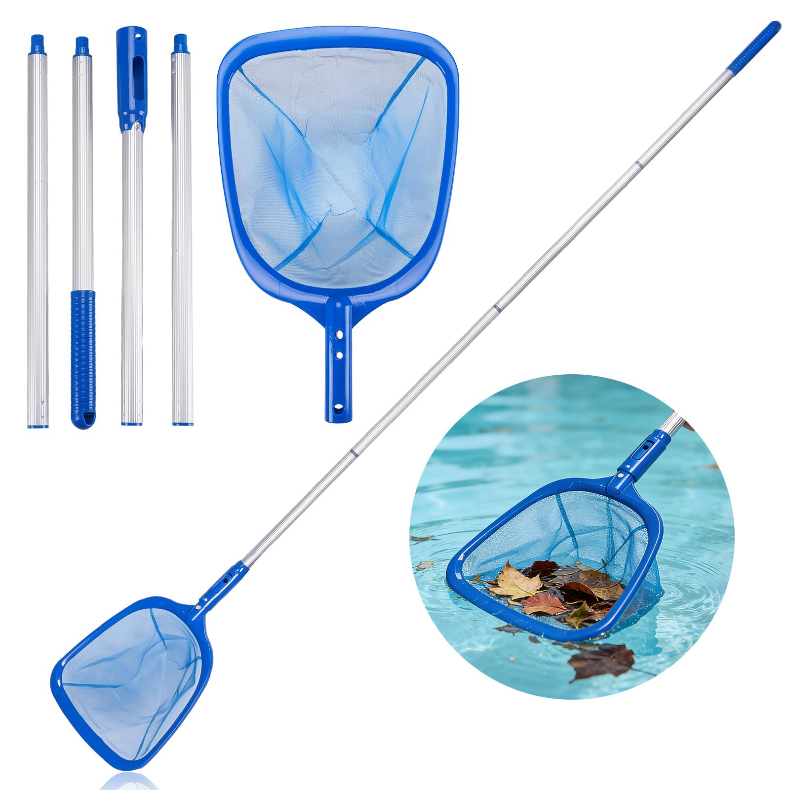 Recogehojas para Piscinas 195cm, Red de Limpieza de Piscinas,Recogehojas Piscina Malla Fina, Ajustable Mango, para Debris,Leaves,Unsectos y Otros Sedimentos