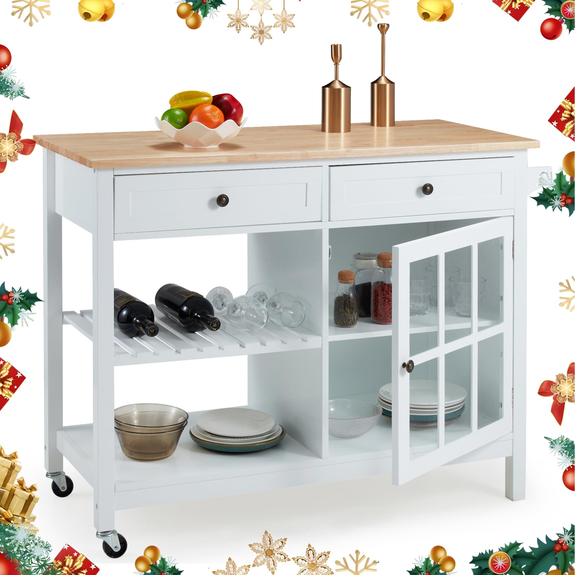 42" Kitchen Island Cart on Wheels, Rolling Storage Cabinet Station with Solid Wood Top, 2 Drawers, Towel Rack, Open Display Shelf, White