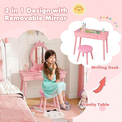 Miniatura 2 de Costzon Vanity - Juego de tocador para niñas con espejo y taburete acolchado, cajón, 2 en 1 de madera para niños, tocador y sillas (rosa)
