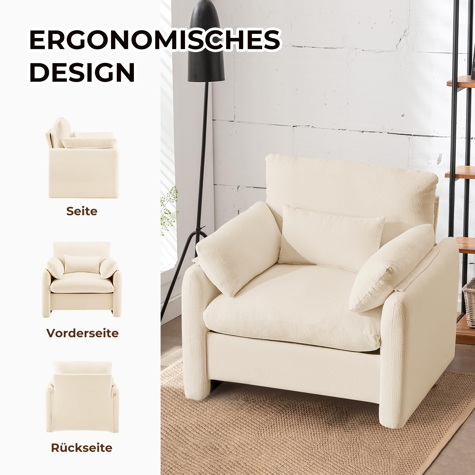 Extragroß Ohrensessel Sessel Wohnzimmer, 93.5cm Polstersessel Einzelsofa Fernsehsessel mit Abnehmbares Armlehne & Wurfkissen, Einzelsofa Lesesessel für Wohnzimmer Schlafzimmer, Beige