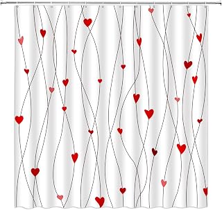 GCTNBJL Valentines Shower Curtain Red Heart Geometric Striped Sweet Love Romantic Couple Women Bathroom Home Curtain with Hooks,Red Black
