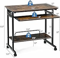Vista 3 de Escritorio para computadora, mesa de estudio, escritorio de PC marrón rústico, carrito extraíble para laptop, estación de trabajo con bandeja
