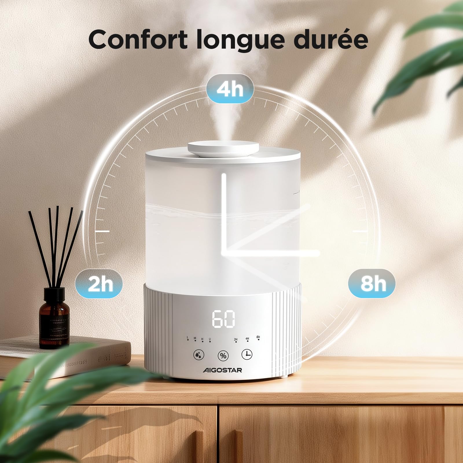 Aigostar Humidificateur d'Air 2,5L Ultra Silencieux avec Diffuseur d’Huiles Essentielles, Minuterie 8H & Veille, Arrêt Auto, 3 Niveaux de Brume, LED 7 Couleurs – Idéal pour Bébé, Chambre, Bureau