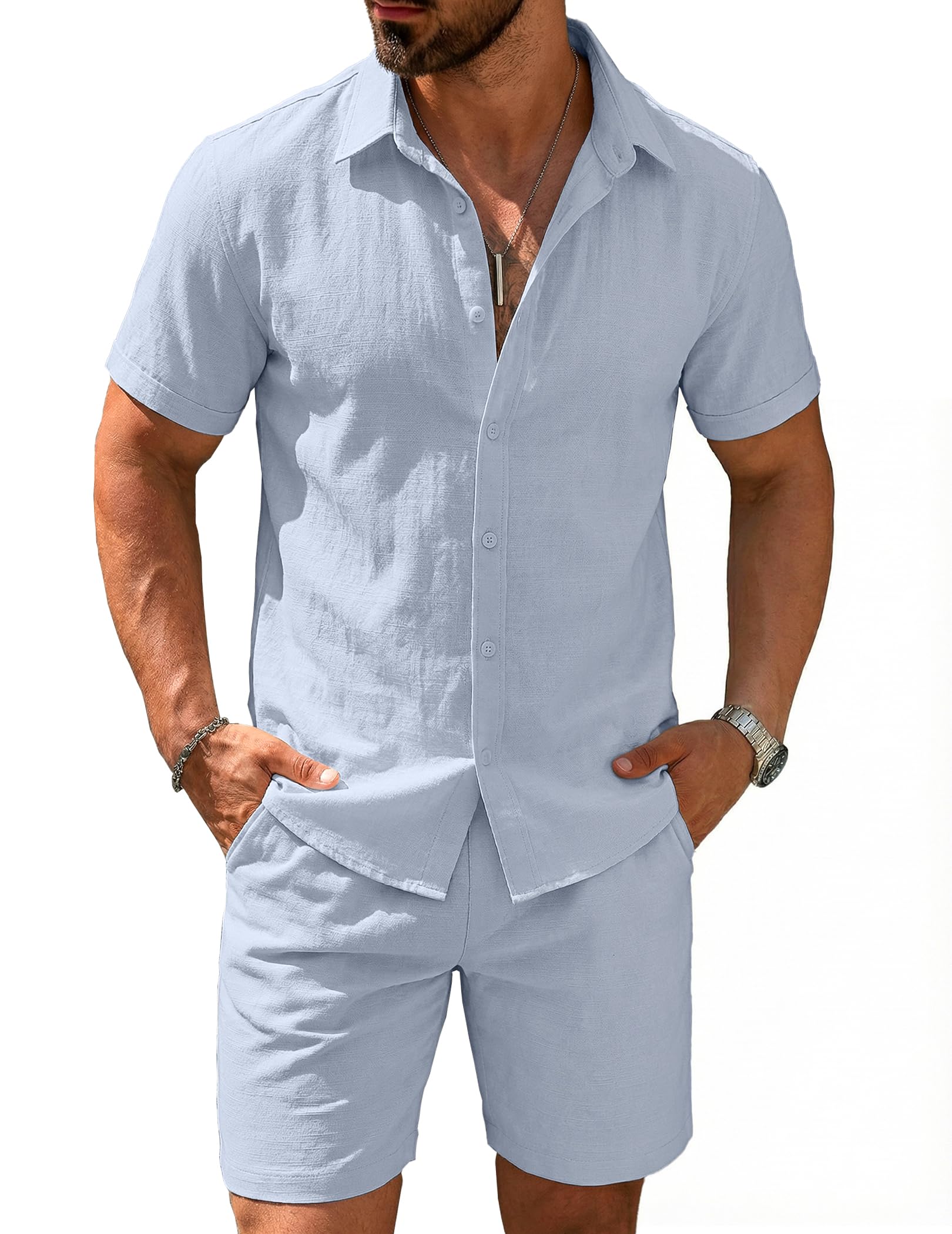 COOFANDY Herren Ztj009255b Button-Down-Shirt und kurze Sets (2er Pack)