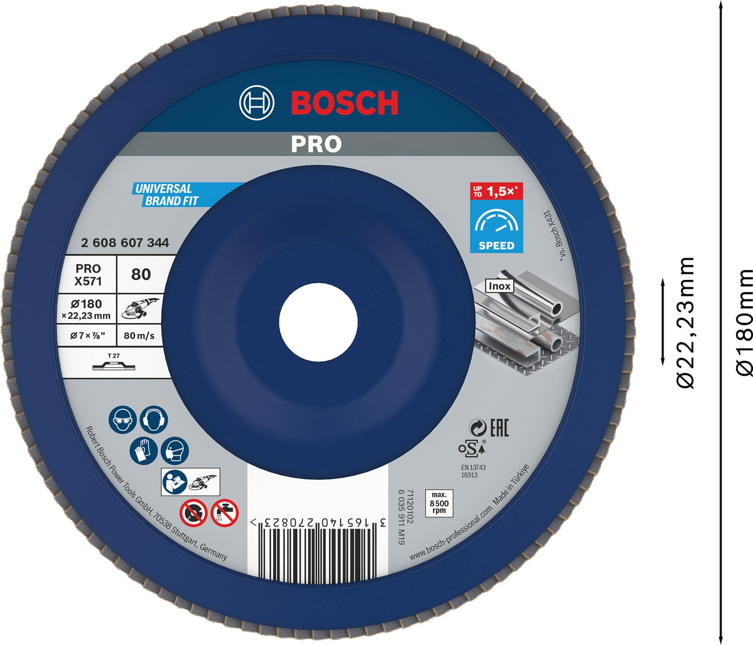 Bosch 1x Disco lamellare PRO X571 grandi, versione diritta, in plastica (per Acciaio, Acciaio inossidabile, Ø 180 mm, Grano 80, Professional Accessorio Smerigliatrice angolare grande)