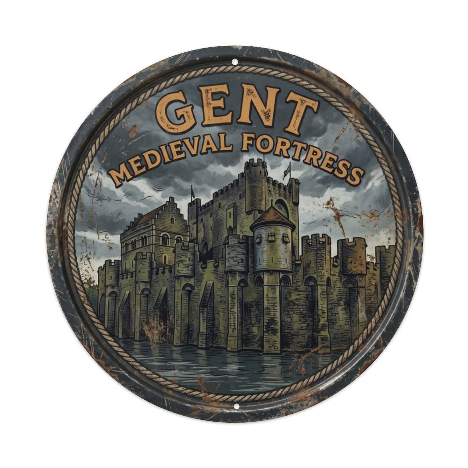 Vintage Travel Gravensteen Castle Ghent Metal Tin Sign Plaque Wall Decor for Cafe, Club Bar, Office, Home Garden Round Metal Poster 8x8Inch