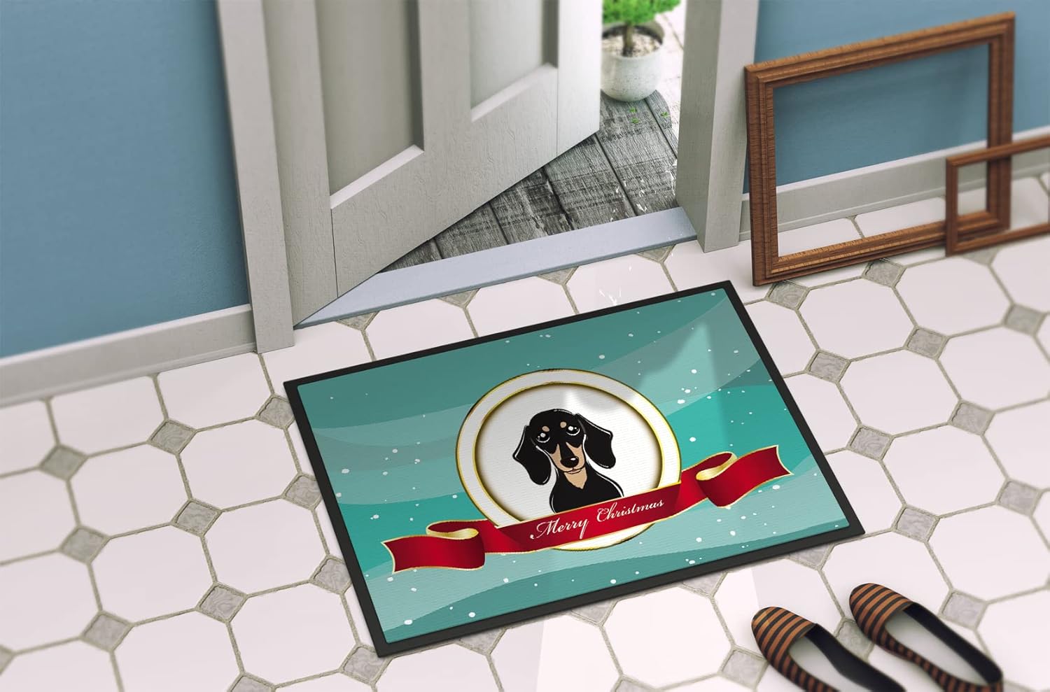Caroline's Treasures BB1525JMAT Smooth Black and Tan Dachshund Merry Christmas Doormat 24x36 Front Door Mat Indoor Outdoor Rugs for Entryway, Non Slip Washable Low Pile, 24H X 36W