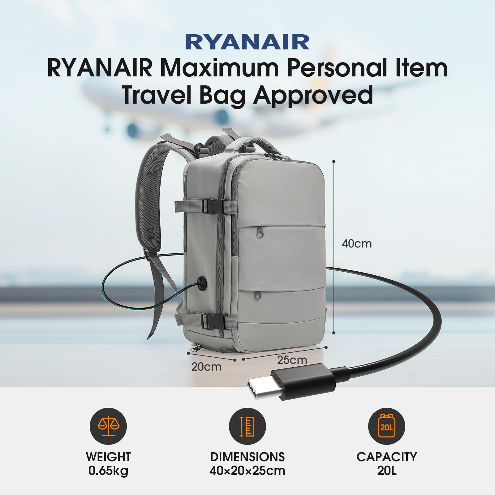 Samfolk Cabin Bags for Ryanair 40x20x25 Underseat Travel Bag 12 Pockets Hand Luggage Bag Cabin Bag with Separate Shoe Pocket for Women & Men Carry on Bag, 20L (grey, 40x20x25)