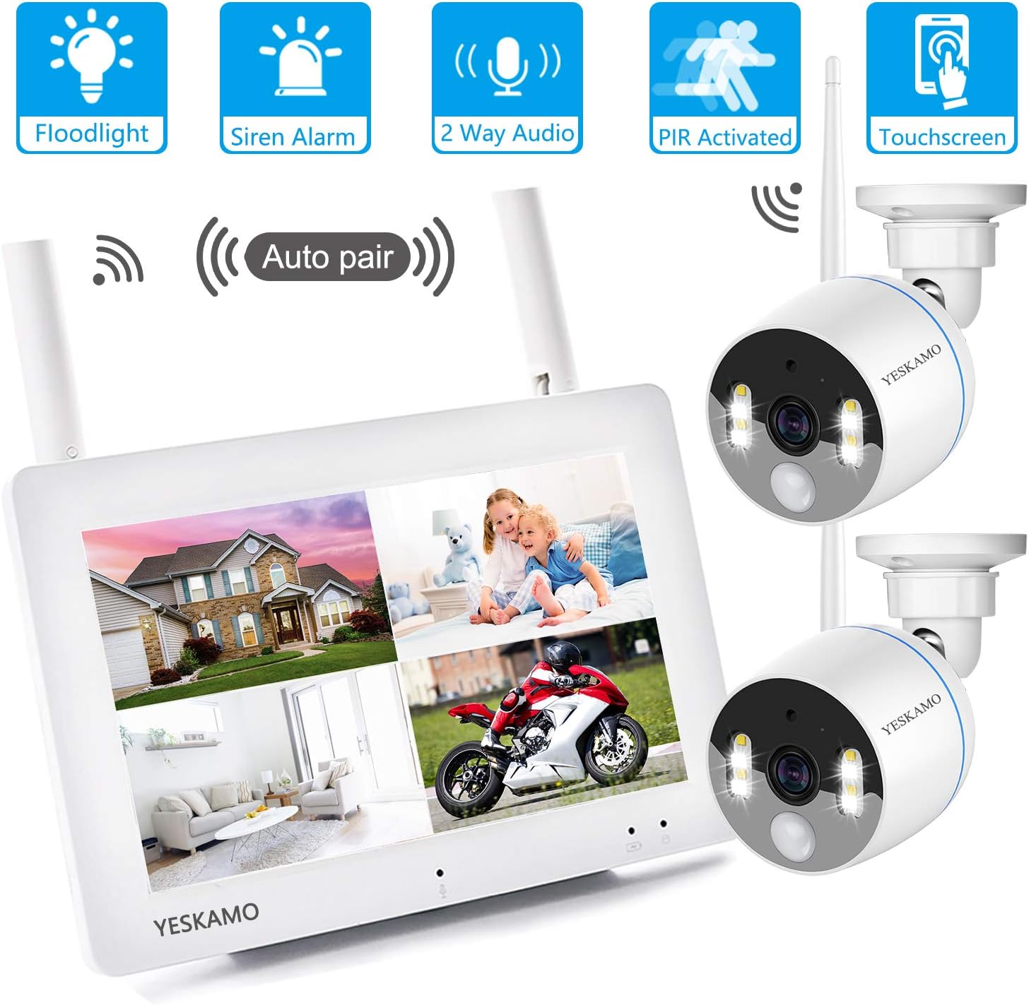 YESKAMO Wireless CCTV 1080P Floodlight Camera Systems with 7" Portable Touchscreen Monitor & 2pcs Spotlight WiFi Cameras, Outdoor Home Security Camera, Support SD Card, Two Way Audio, PIR Activated