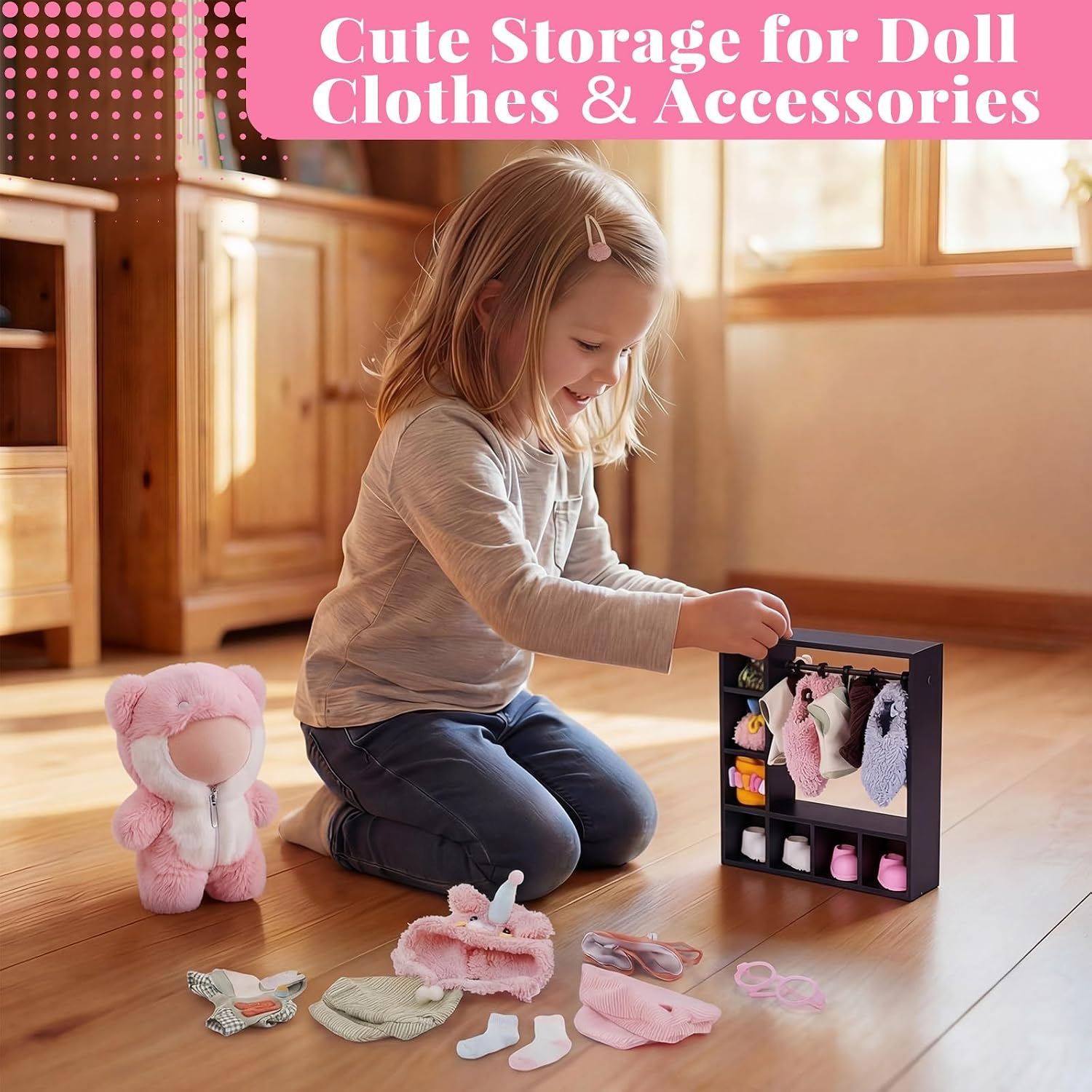 BABESIDE Doll Clothes Closet, Doll Clothes Storage with 2 Wardrobes & 20 Hangers, Doll Accessories Closet Set for 15/17 cm Dolls, Doll Closet Organizer Display (Pink & Black)