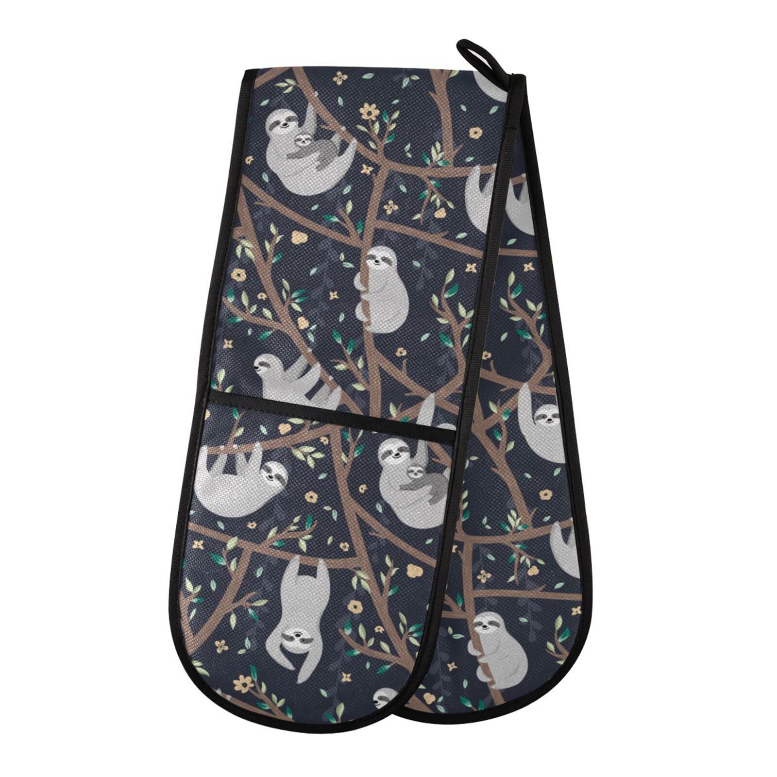 Double Oven Gloves Cute Sloth Hanging on The Tree Heat Resistant Pot Holder Oven Mitt Gloves for BBQ Cooking Baking Grilling Microwave — image 1
