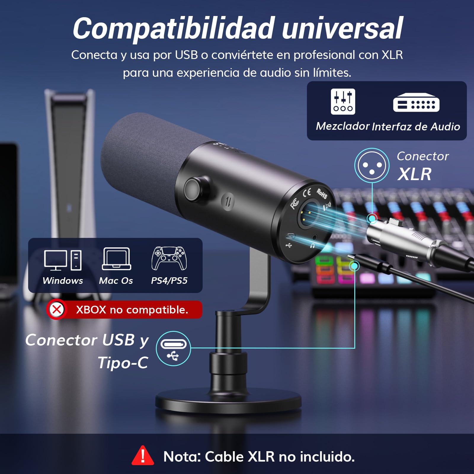 TONOR USB/XLR Microfono Dinámico para Juegos, PC Micrófono Cardioide de Estudio con Soporte de Escritorio para Podcasting, Streaming, Conector para Auriculares de 3,5 mm y Botón de Silencio, TD510 AIR