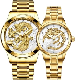 Goodern Men's Gold Watch,Luxury Luminous Couple Pair Watches 3D Dragon Diamond Watches for Men Stainless Steel Dragon Wristwatch Romantic Quartz Waterproof Business Watches His and Her Couple Watches