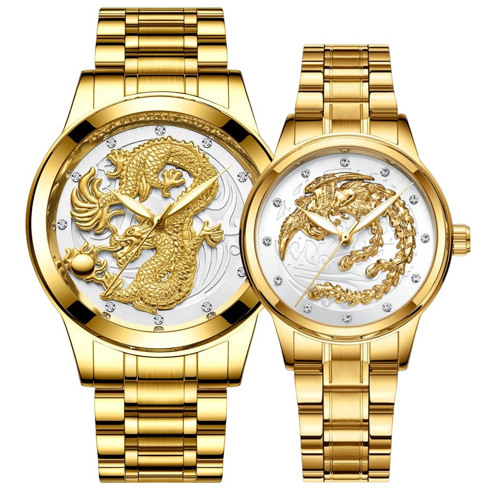 GoodernGoodern Men's Gold Watch,Luxury Luminous Couple Pair Watches 3D Dragon Diamond Watches for Men Stainless Steel Dragon Wristwatch Romantic Quartz Waterproof Business Watches His and Her Couple Watches
