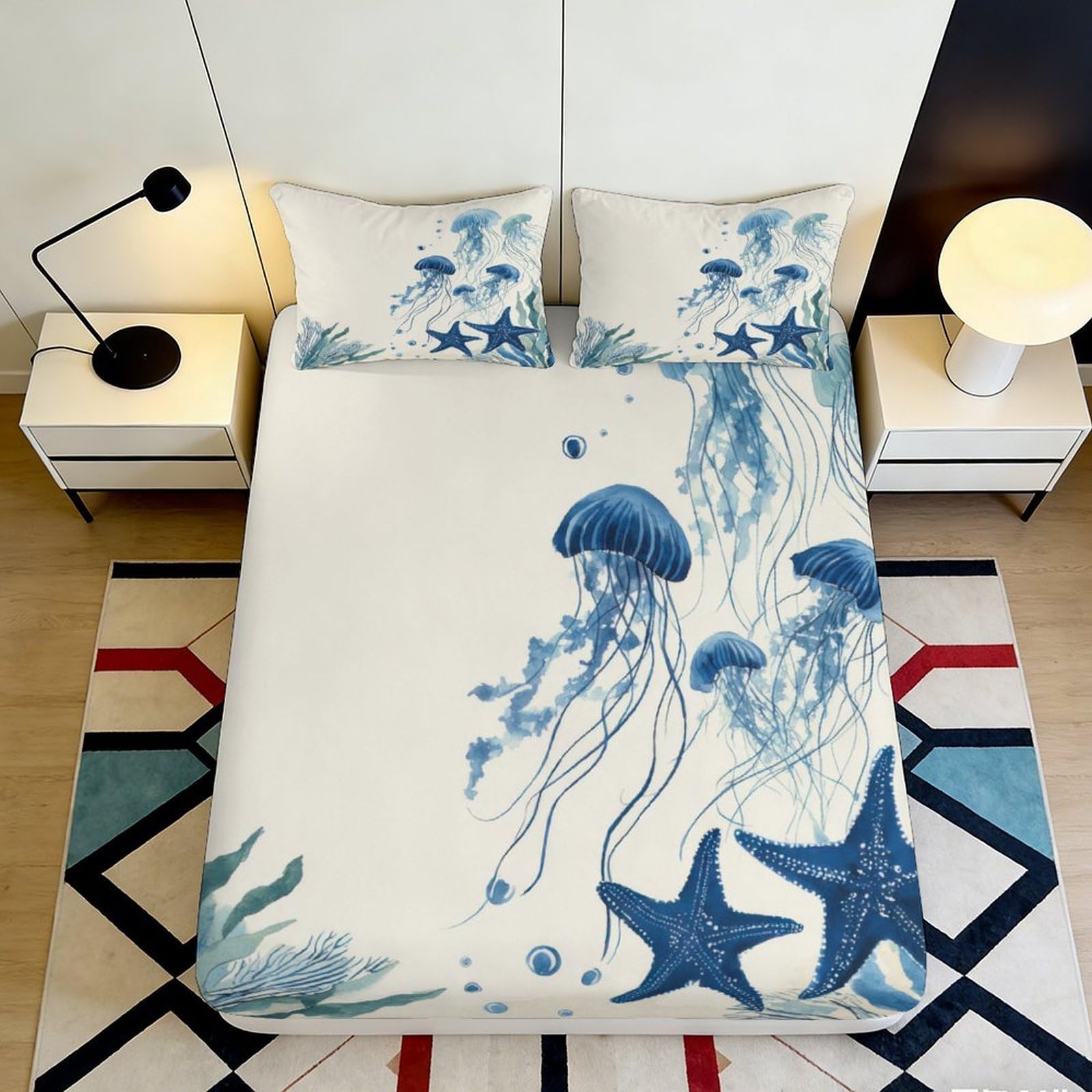 3D Printed Ocean Jellyfish Fitted Sheet Microfiber Starfish Bed Cover for Bedroom Dorm Mattress Protection Decor 90x200x25cm