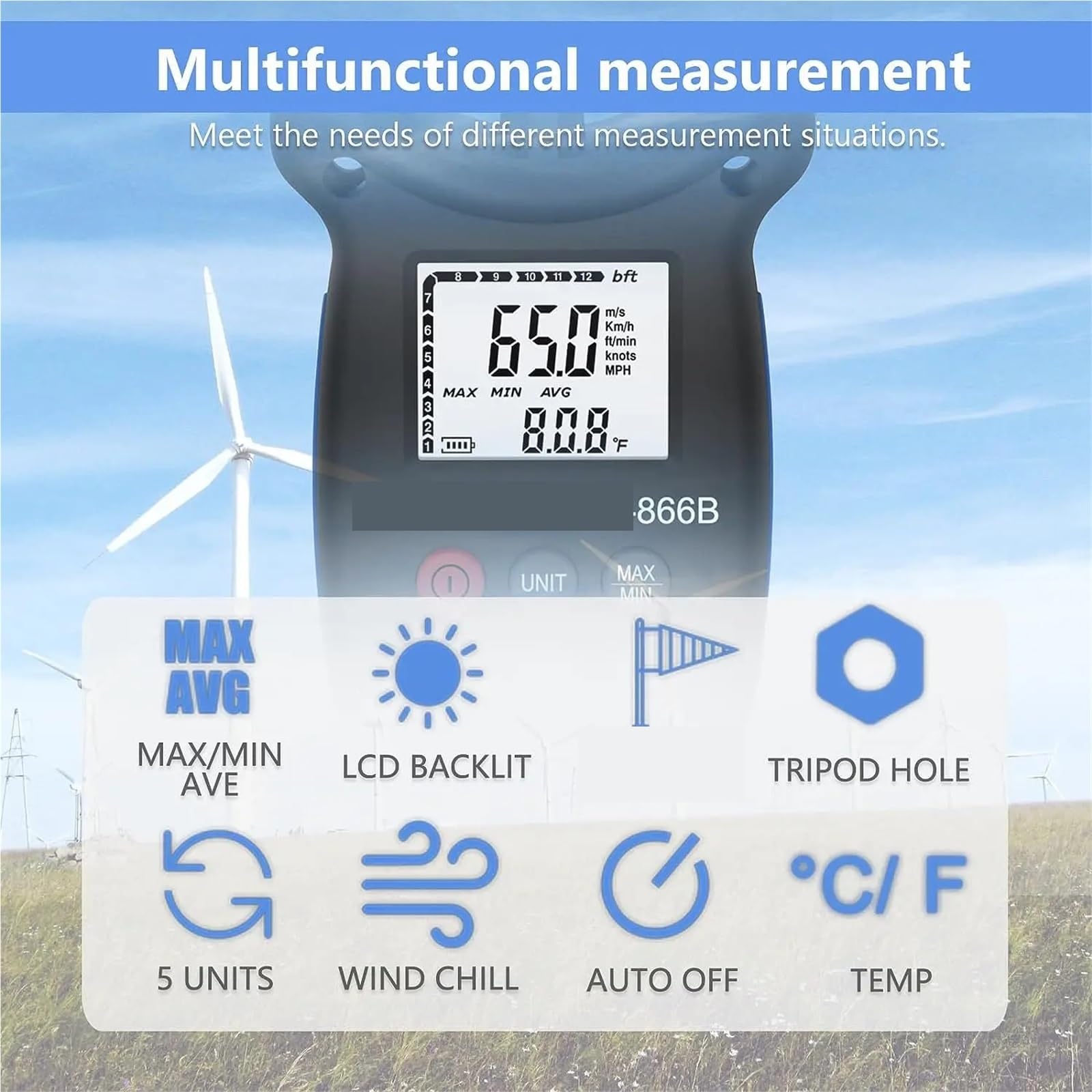 Anemómetro digital, Anemómetro Digital 866B, medidor de temperatura, Mini velocidad del viento, Sensor medición aire, 0-30m/s