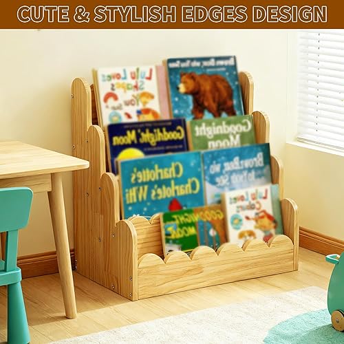 Miniatura 6 de Estantería festoneada de 4 niveles para niños, estantería pequeña de madera de 16.5 x 15.7 x 9.8 pulgadas para niños pequeños, estante organizador