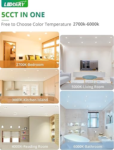 Miniatura 3 de LEDIARY Paquete de 6 luces LED empotrables de cardán de 6 pulgadas, 5CCT ajustables empotrables, delgada, seleccionable, 2700K-6000K, 750LM con
