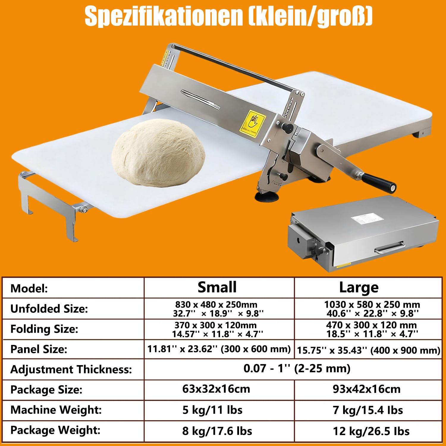 Teig ausrollen Maschine manuell Edelstahl | Gleichmäßige Teigplatten für Pizza Pasta Croissant & Kuchen | Faltbare Teigausrollmaschine aus Edelstahl für Heimgebrauch Küche & kleine Bäckereien Large