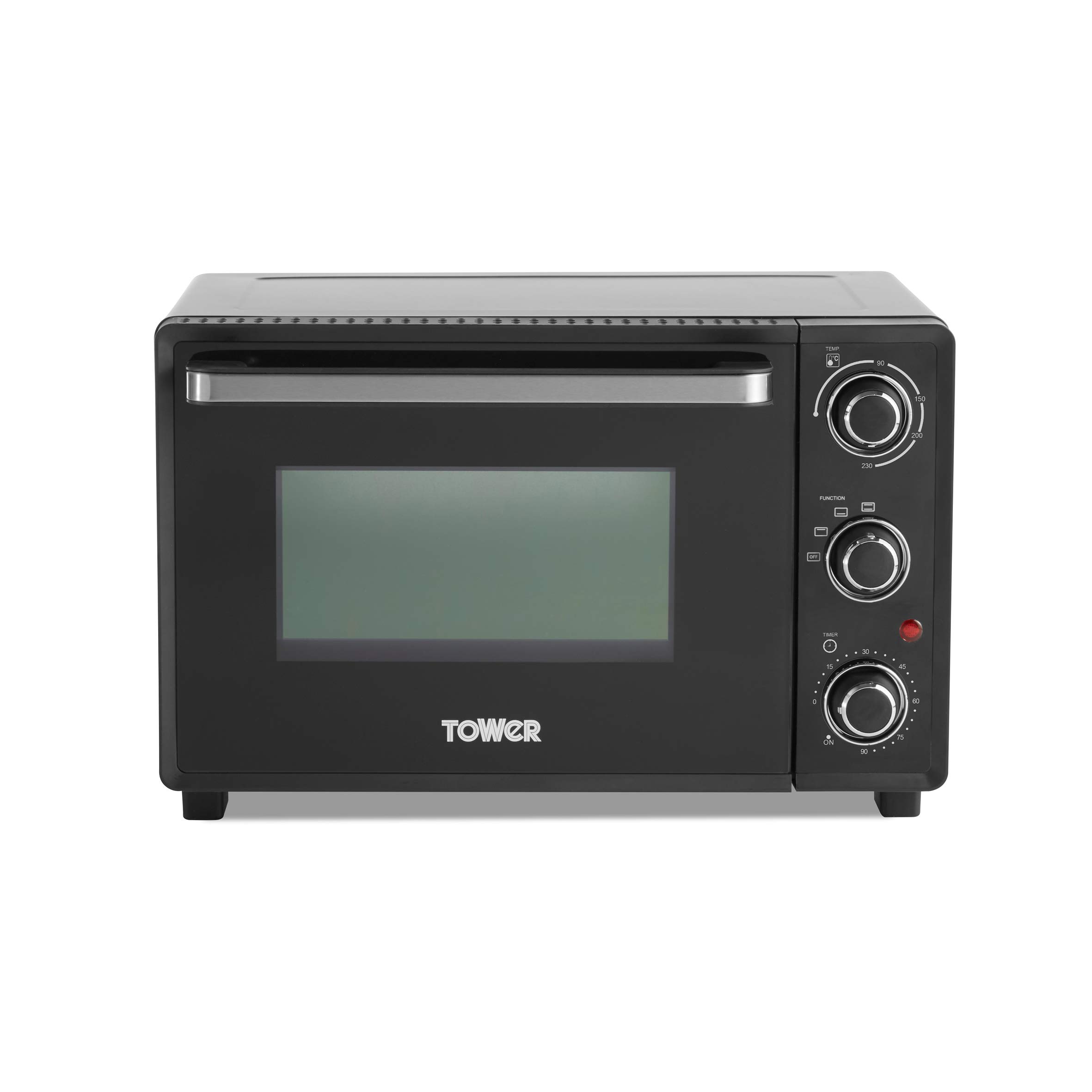 TowerT14043 Mini Oven with Adjustable Temperature Control, 90 Minute Timer, Baking Tray and Wire Rack, 23 Litre, Black with Silver Accents