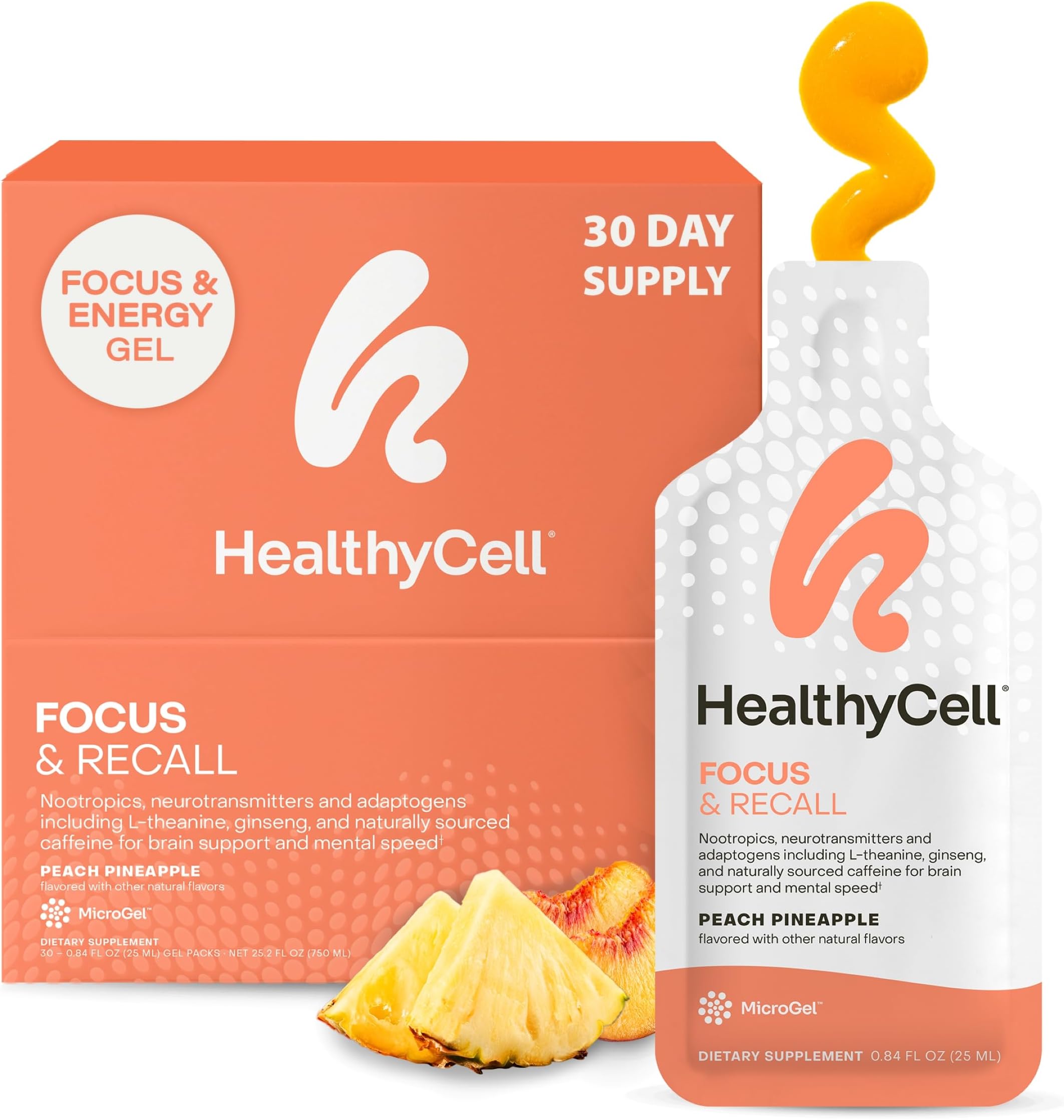 Healthycell Focus & Recall, Daily Liquid Brain Supplement for Focus & Memory - Nootropics Supplement for Concentration & Alertness with L-Theanine, Omega-3 & Taurine - 30 Gel Packs