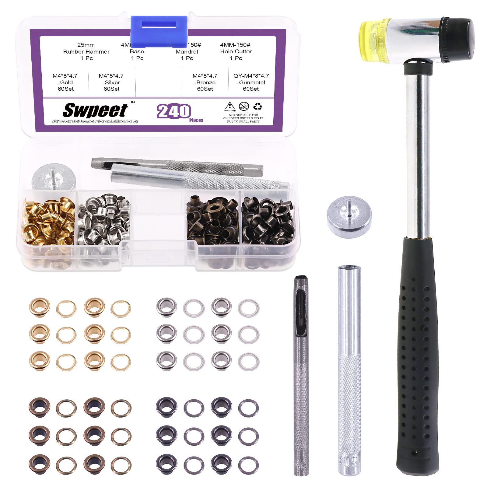 Sweet 80 unidades - 40 juegos de ojales de 3/20 pulgadas (4 mm) gruesos, ojales de metal, 3 herramientas de ajuste, mazo suave Rubbe para reparar lona, cuero