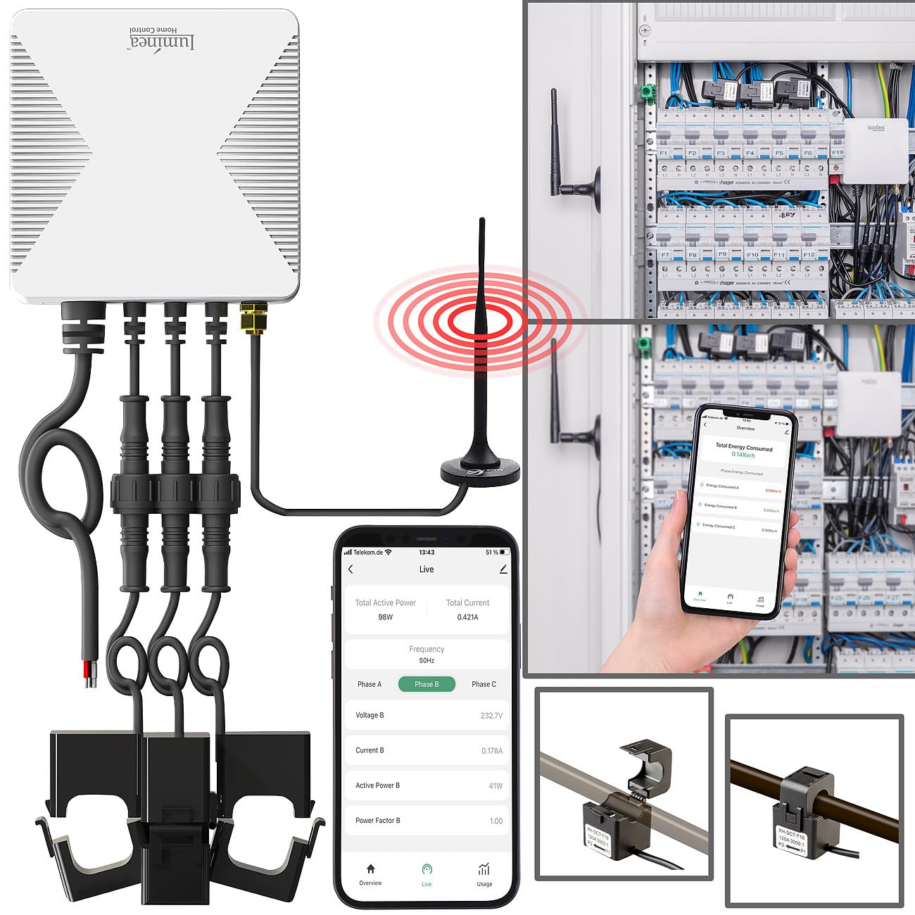 Luminea Home Control Smart Meter: Smarter 3-Phasen-WLAN-Stromzähler & Echtzeit-Energiemonitor, 120A, App (Meter 3-Phasen WiFi, Drehstromzähler mit App, phasig)