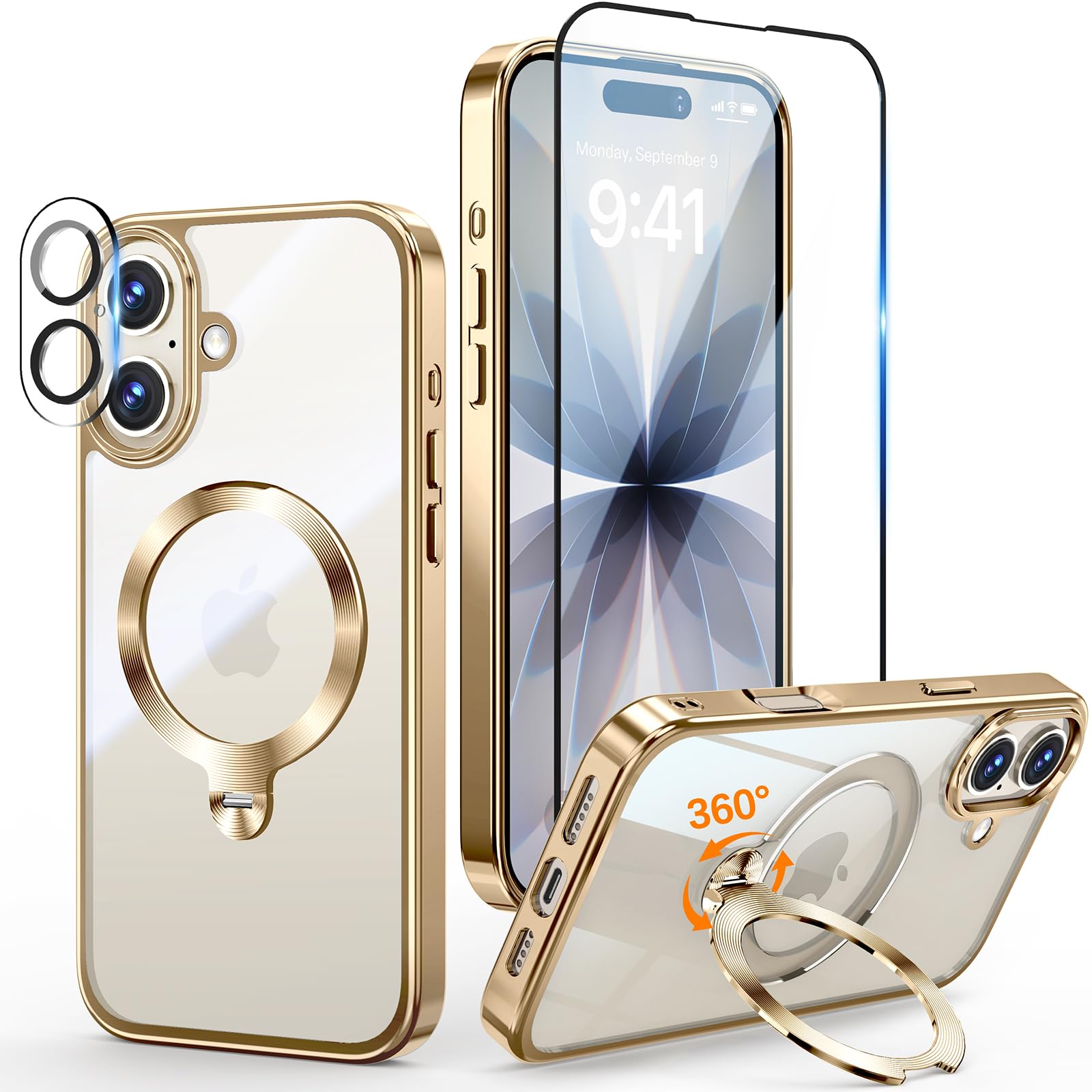 Photo 1 of [Tri-Shield Protection] for iPhone 17 Case with 360° Spin Stand Compatible with MagSafe [Magnetic CD Ring] [Screen & Camera Lens Protector] Shockproof Plating Never-Yellowing, Gold-6.3"