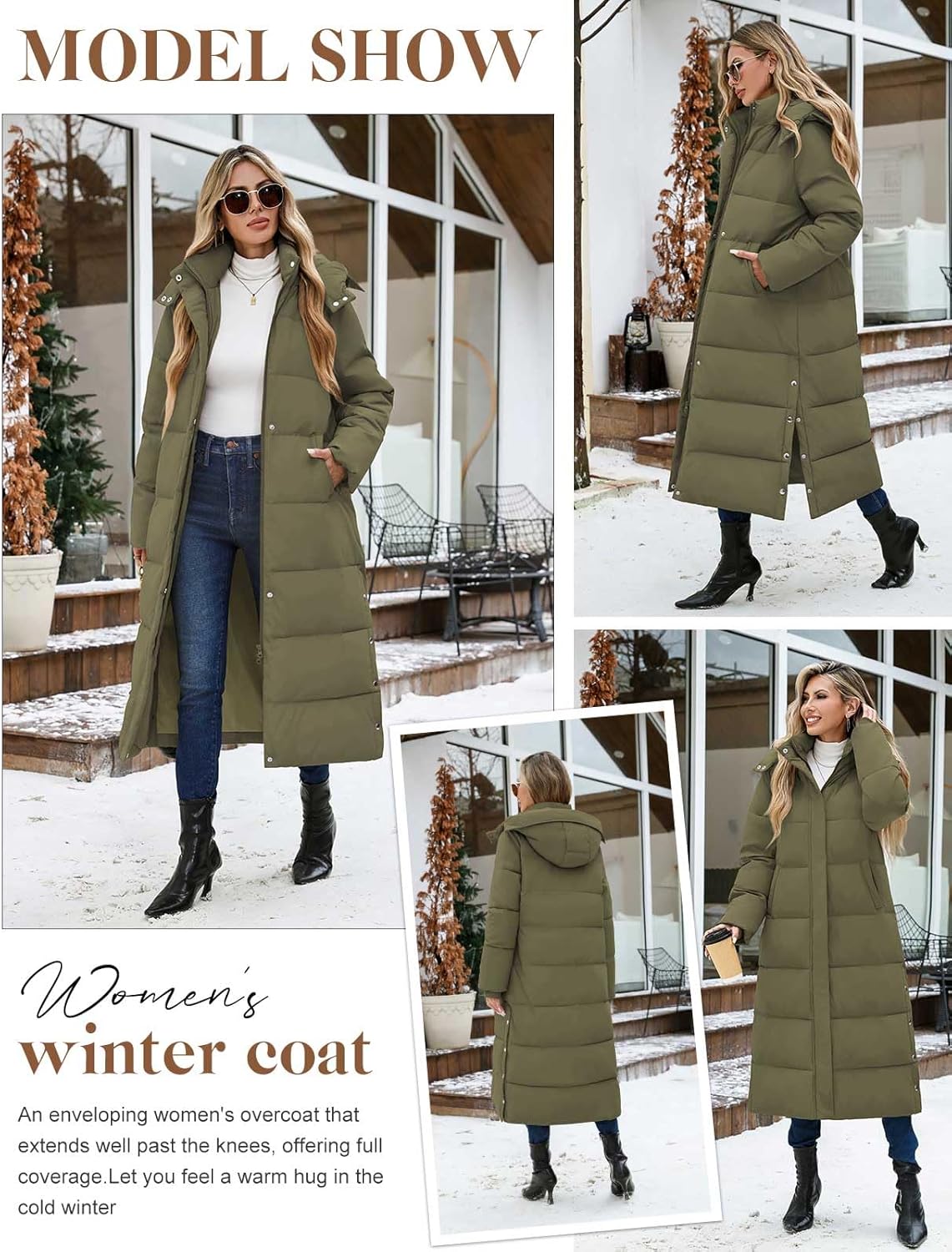 Women Long Puffer Coat Maxi Thickened Quilted Padded Jacket Winter Warm Zip Parka Removable Hood Buttoned Slit Hem - Image 6