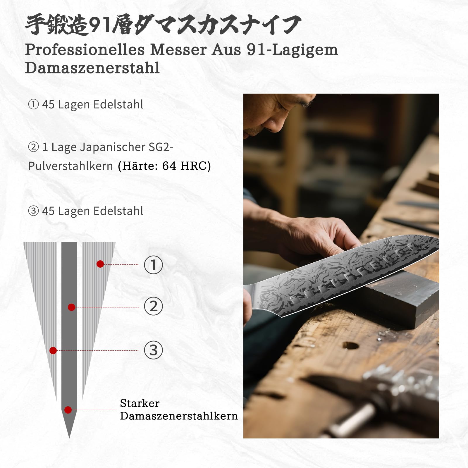 SHAN ZU Damast Santokumesser 18cm, Küchenmesser mit SG2-Pulverstahlkern | 91 Lagen handgeschmiedetem Damaststahl, ergonomischem Ahorngriff – WHITE TIGER Series
